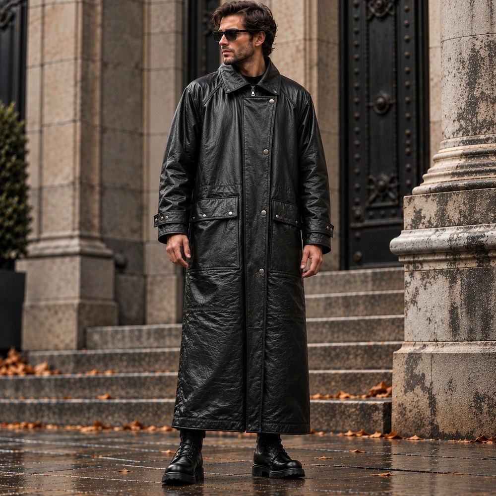 VVtg 90s Pro Rider Black Leather Trench Coat Long Men XL Gothic Matrix Cyberpunk